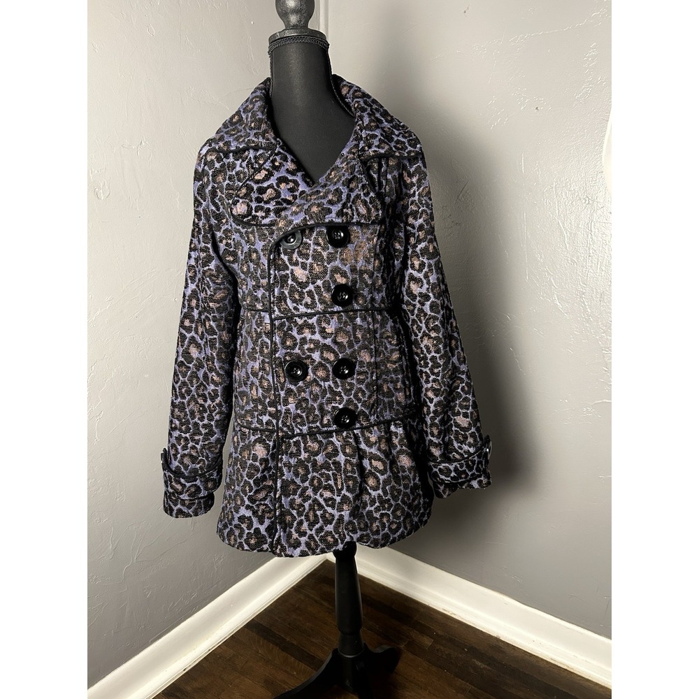 BKE Purple women's Leopard Print Pea Coat With Bubble Hem Size M Fits‎ Like A S
